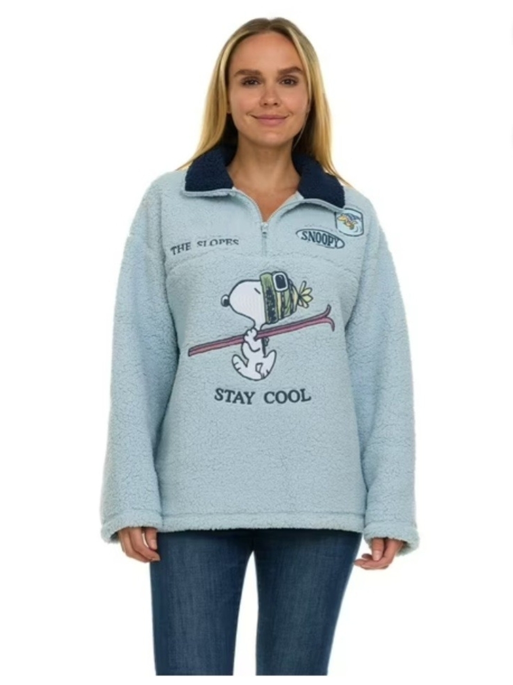 Peanuts Women "Stay Cool" Light Blue Sherpa Pullover  L - Picture 5 of 8